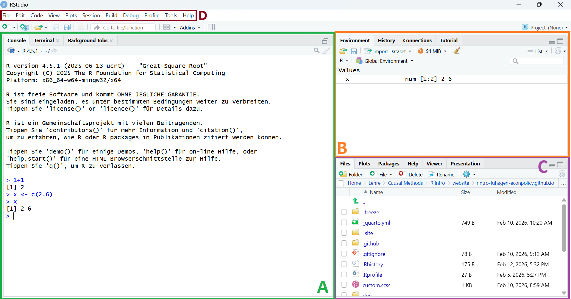 RStudio Interface mit Highlights auf Konsole, Environment, Files/Plot Panels sowie Menüleiste.