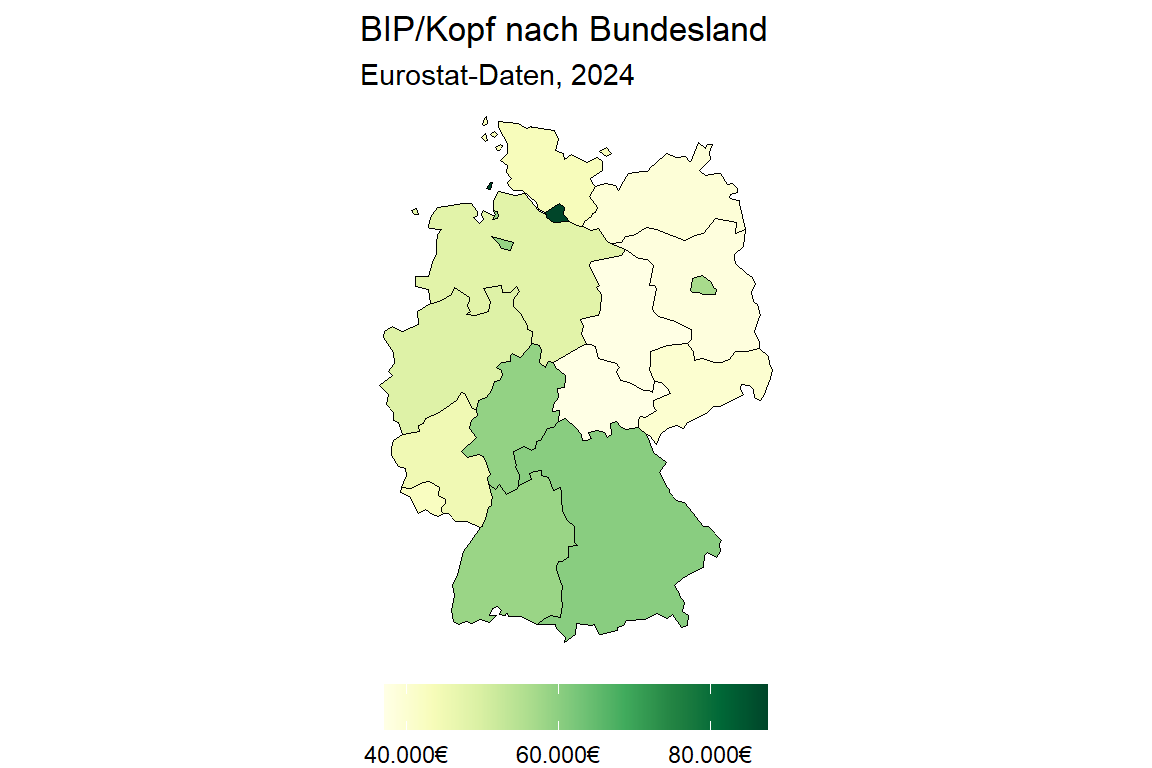 Karte der deutschen Bundesländer eingefärbt nach BIP/Kopf im Jahr 2024.